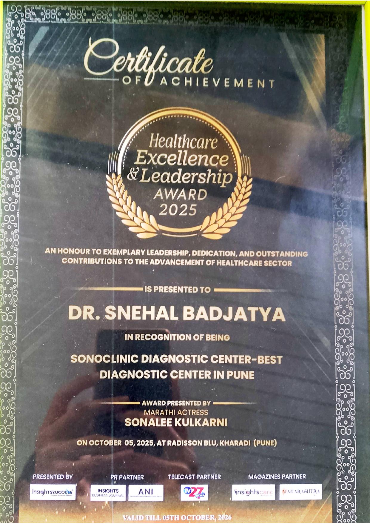 Healthcare Excellence & Leadership Award 2025 — Dr. Snehal Badjatya, Sonoclinic