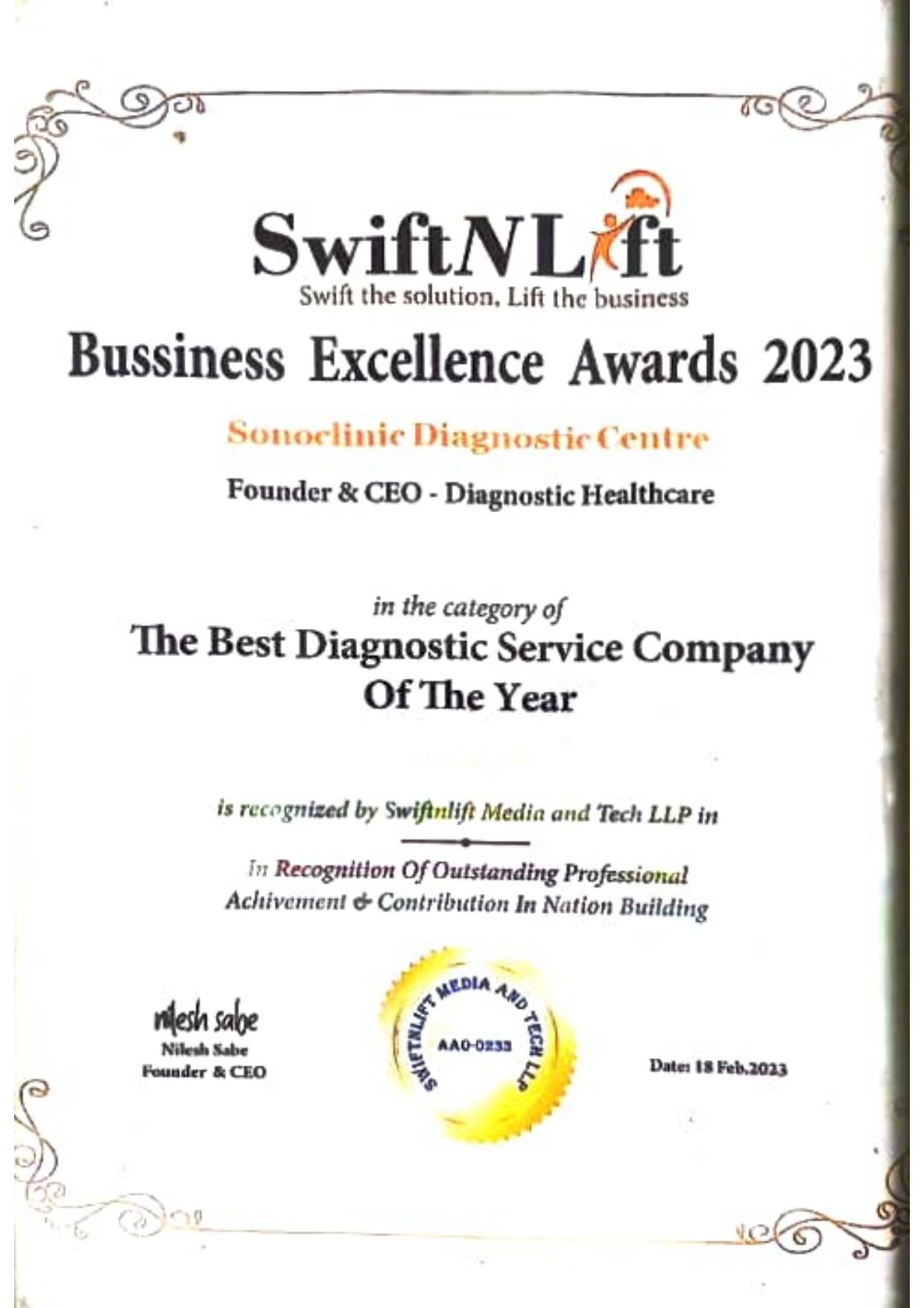 SwiftNLift Business Excellence Award 2023 — Best Diagnostic Service Company of the Year