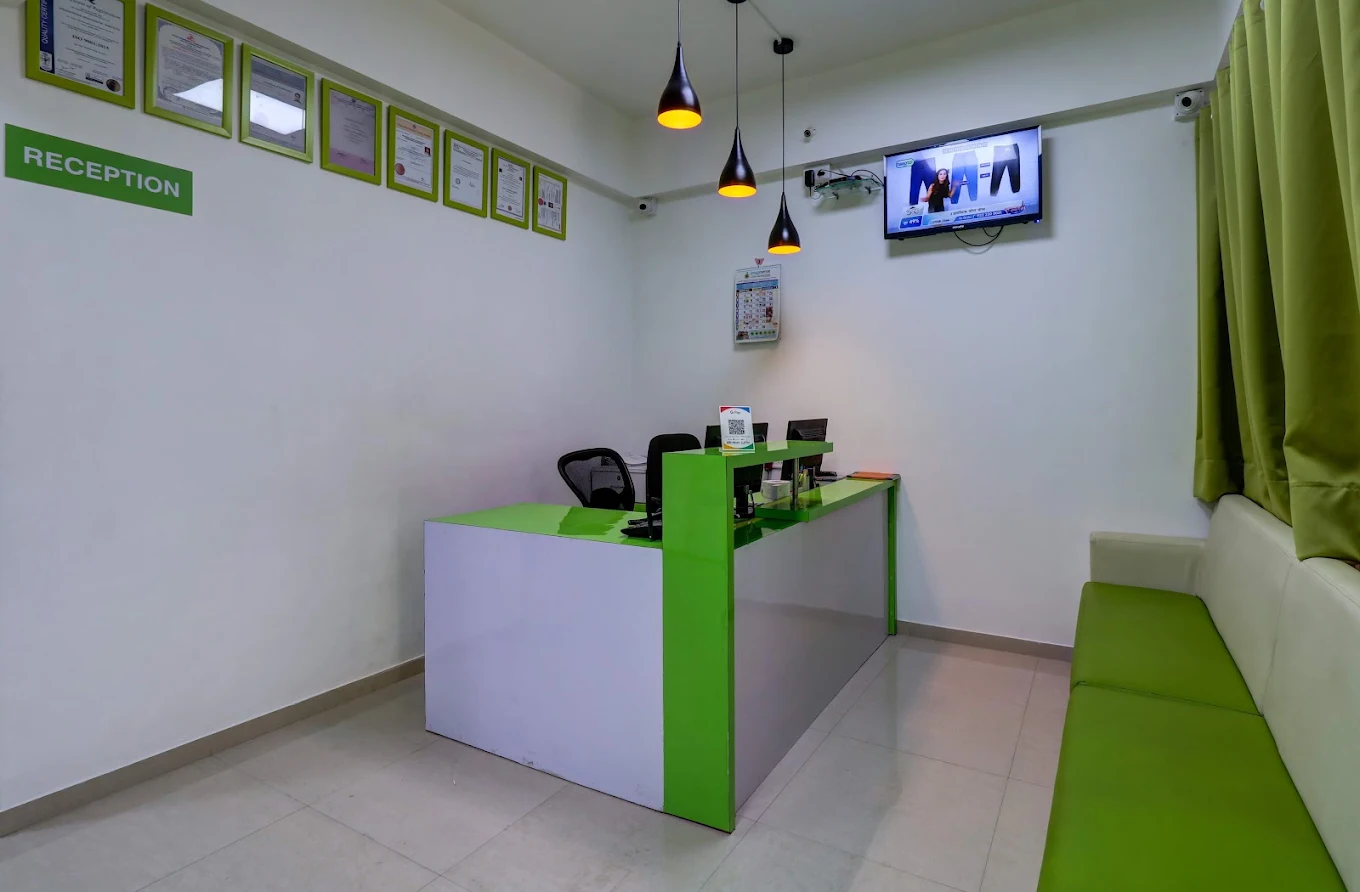 Patient waiting area and accreditation certificates at Sonoclinic Kharadi