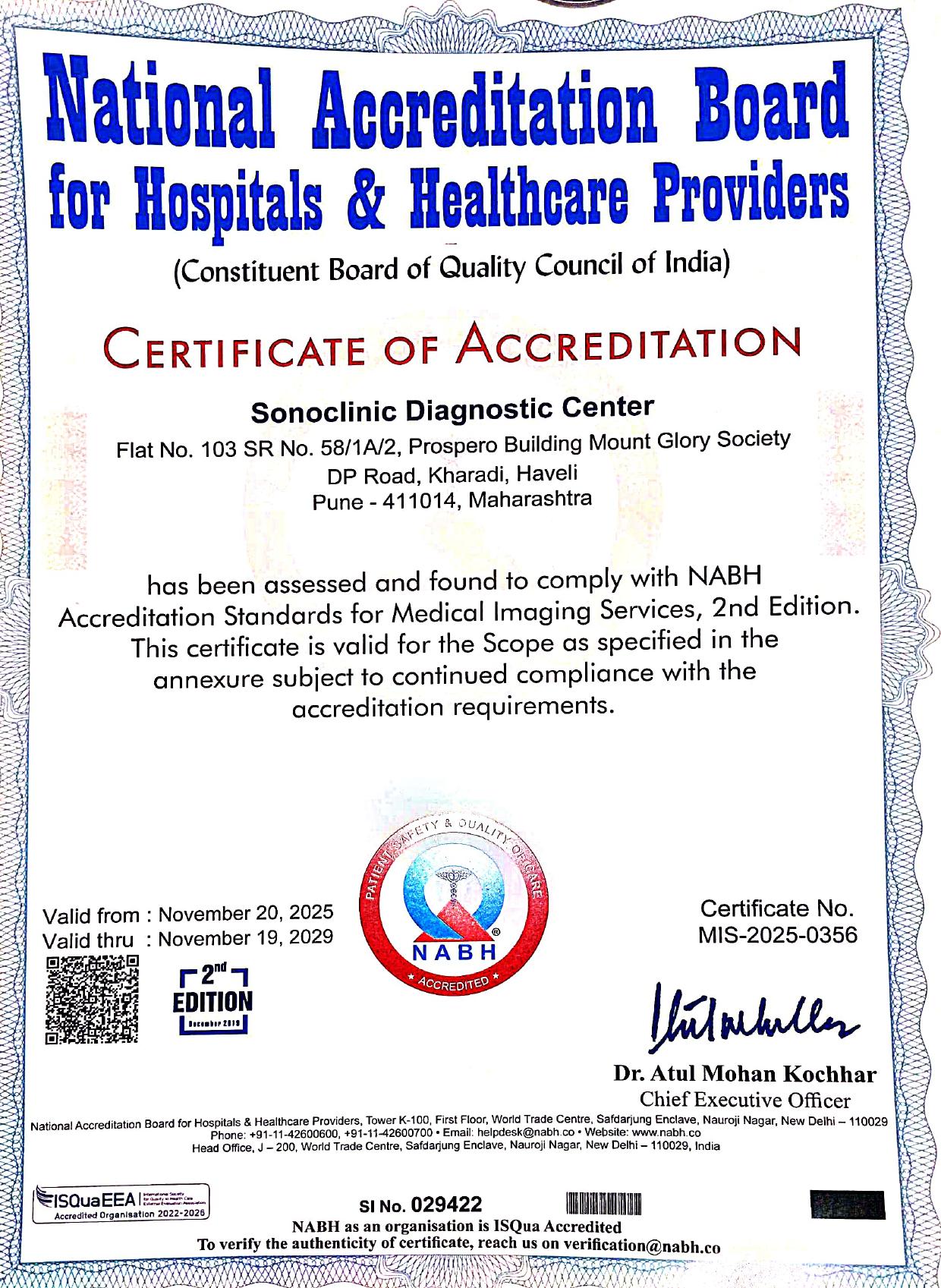 NABH Certificate of Accreditation — Sonoclinic Diagnostic Center, Kharadi, Pune