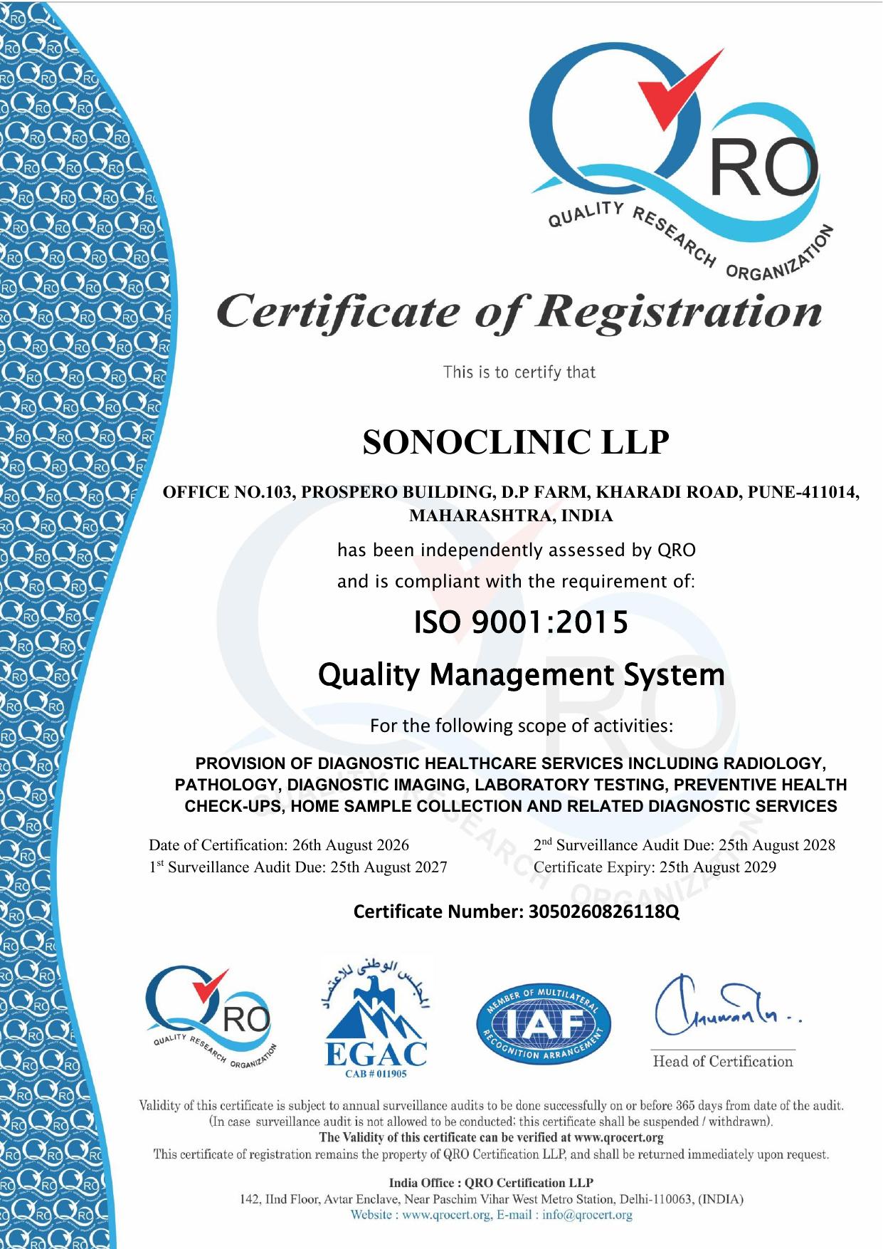 ISO 9001:2015 Certificate of Registration — Sonoclinic LLP, Pune